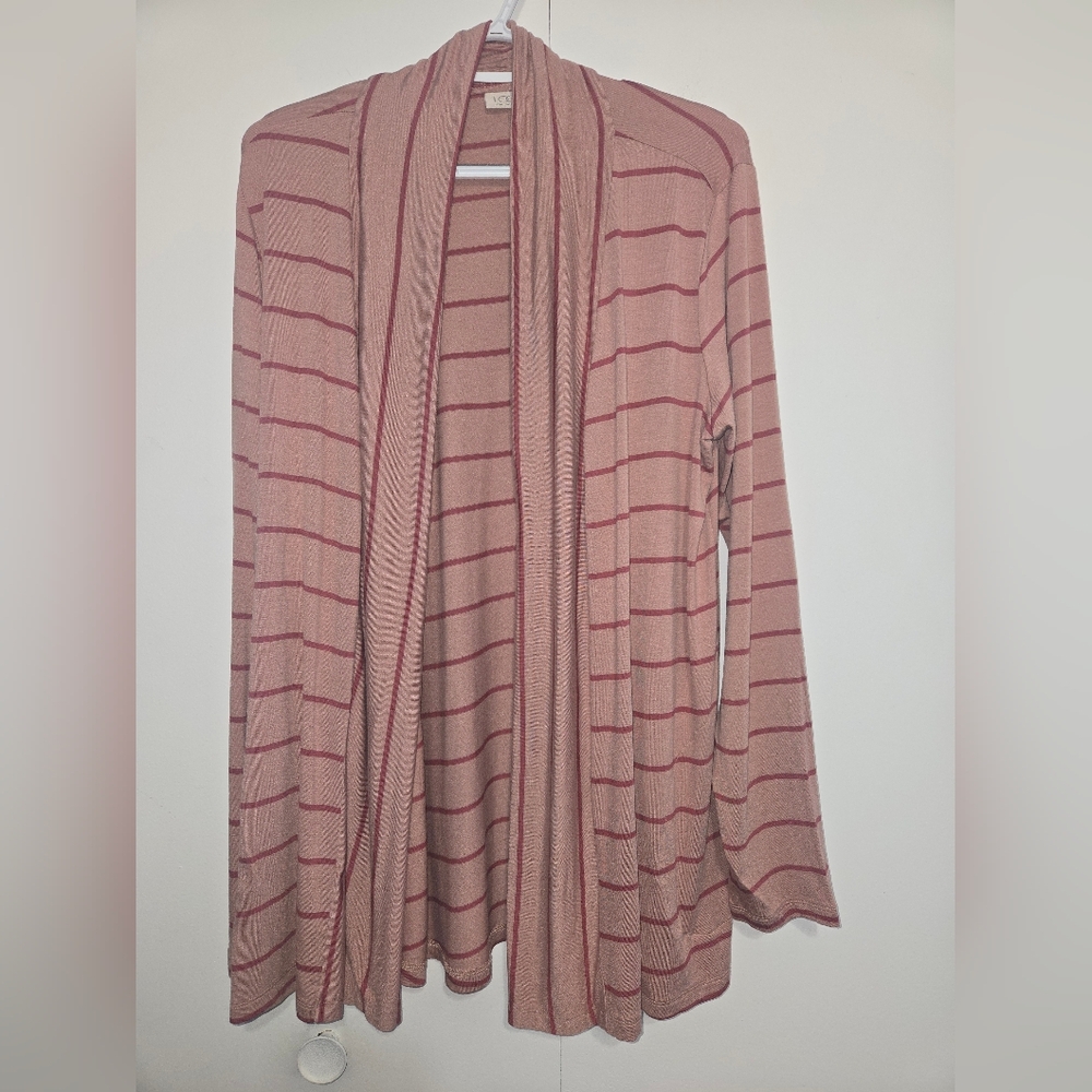 LOGO by Lori‎ Goldstein Women's Striped Knit Dusty Rose Open Cardigan Size XL